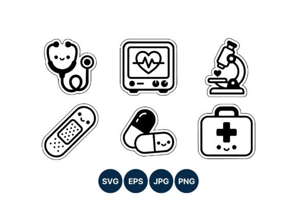 Cute Smiling Medical Icons Set Black