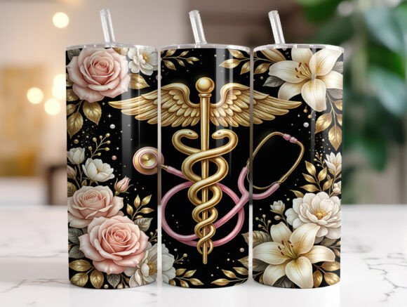 Floral Caduceus Medical TumblerPink Stet