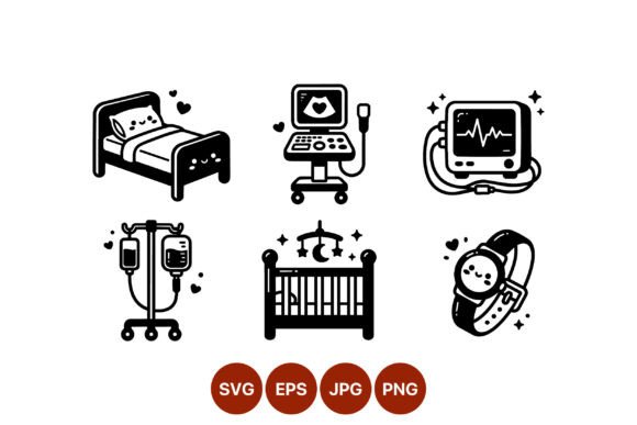 Kawaii Medical Equipment Icons Black